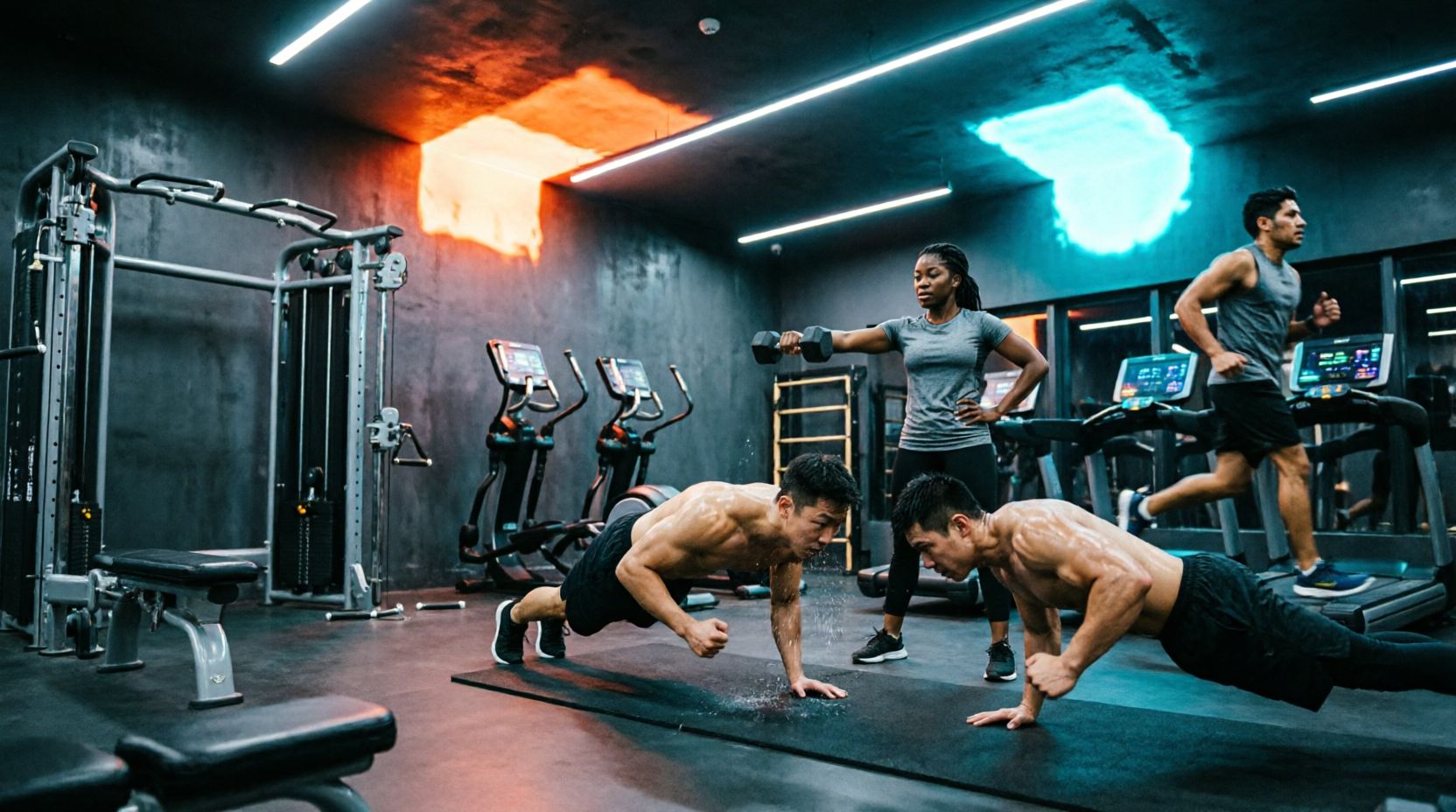 Modern fitness gym interior with dramatic neon lighting